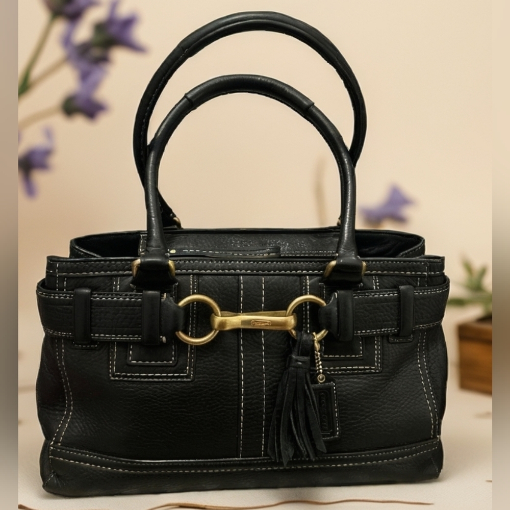 Coach HamptonVintage Black Leather Handbag Goldtone Hardware Tassel & Tag COA